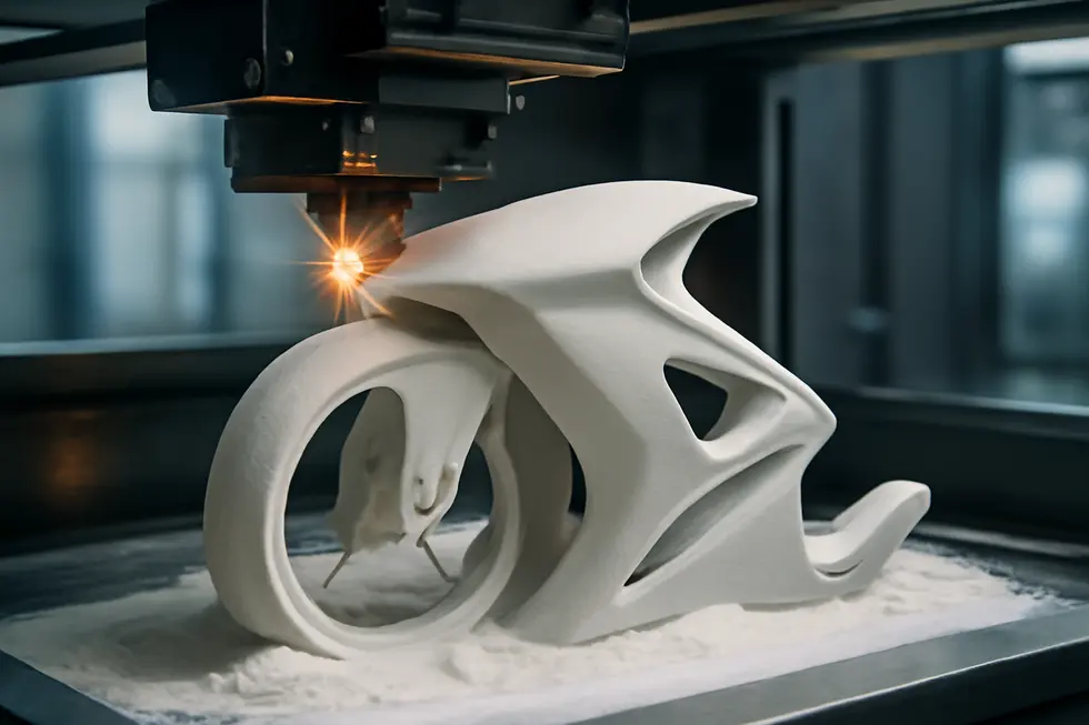 3D printing a motorcycle fairing with Selective Laser Sintering, highlighting complex shapes and precision manufacturing.