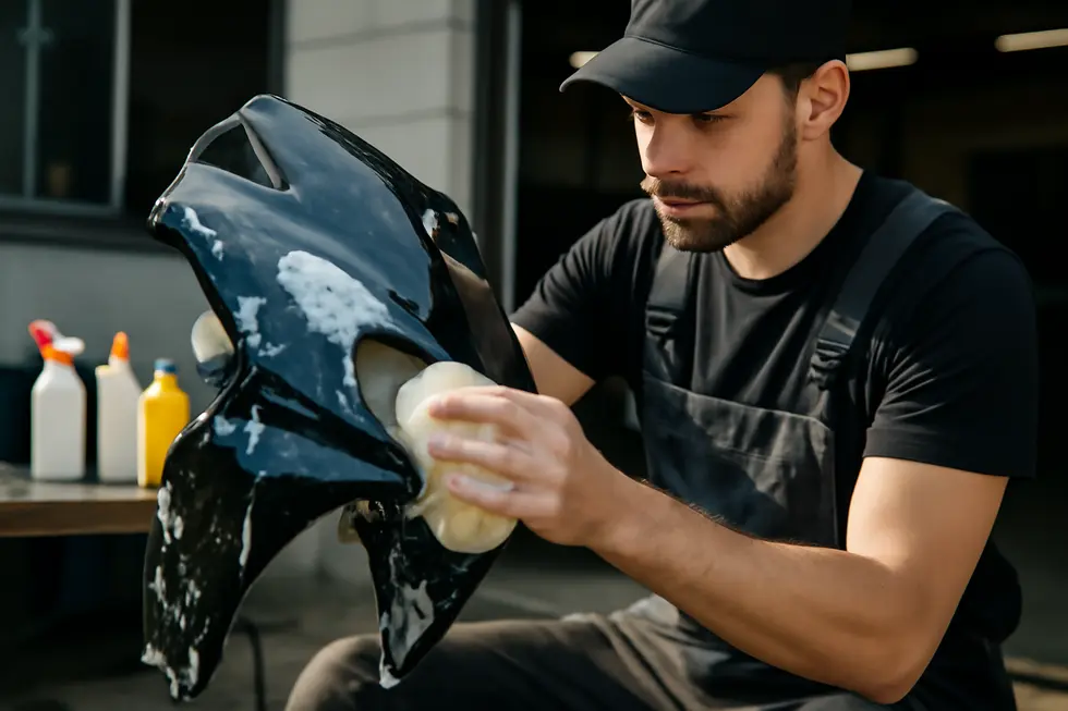 Careful cleaning of motorcycle fairings prepares surfaces for effective buffing and prevents contamination.