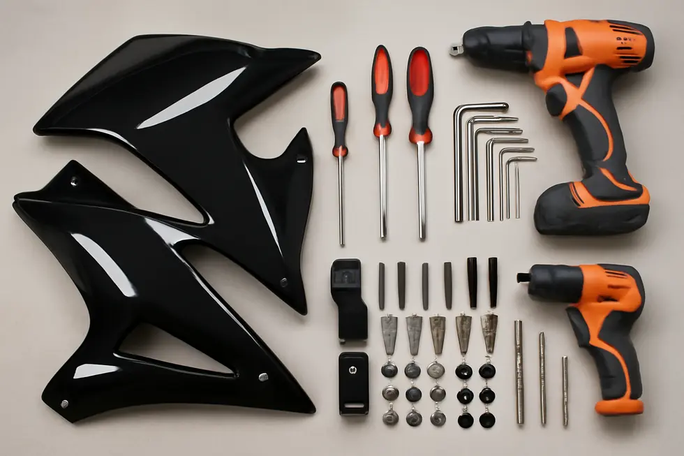 A motorcycle staged on a stable surface with old fairing parts removed and tools organized for the installation process.