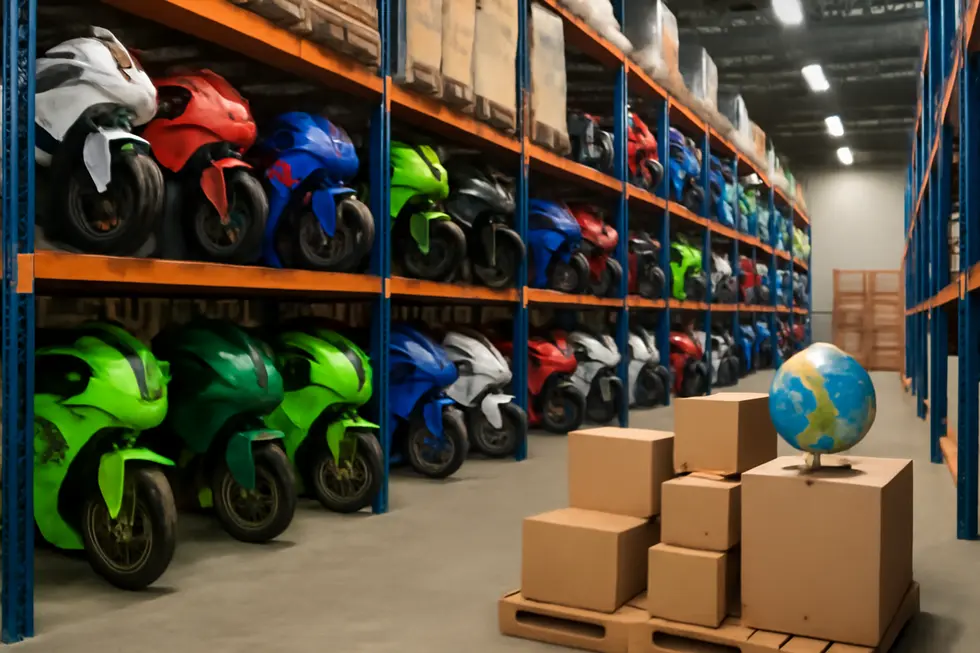 A comprehensive warehouse showcasing leading motorcycle fairing suppliers and their extensive inventory.