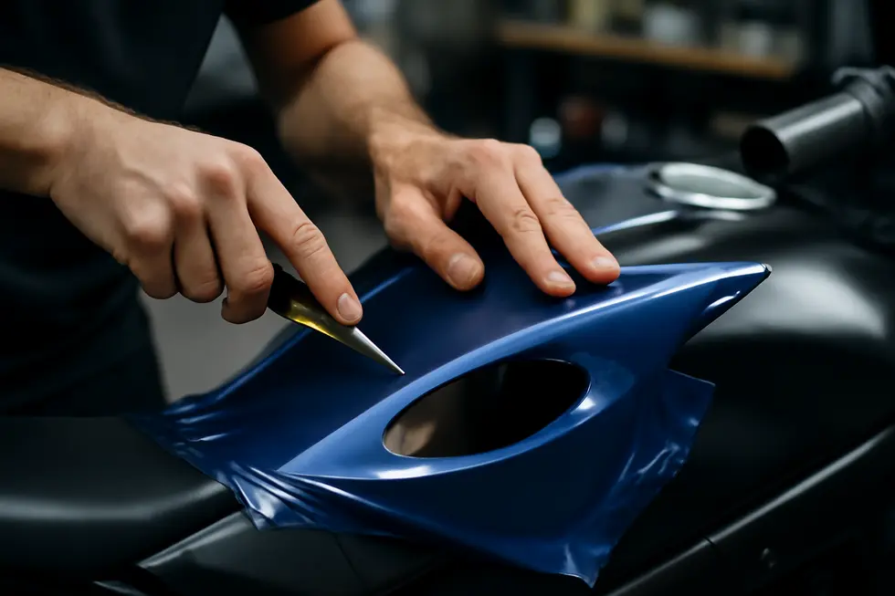 Thorough cleaning of motorcycle fairings before vinyl application ensures superior adhesion and finish.