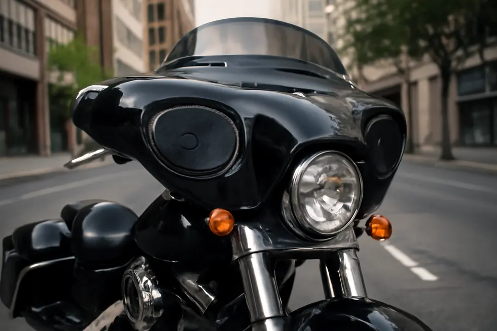 Tsukayu’s Batwing 6×9 fairing displayed on a motorcycle, highlighting its stylish design with integrated audio speakers.