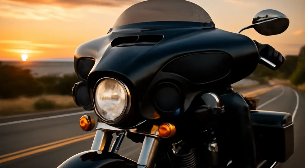 Motorcycle equipped with Tsukayu’s Batwing 6×9 fairing showcasing integrated audio and aerodynamic styling at sunset.