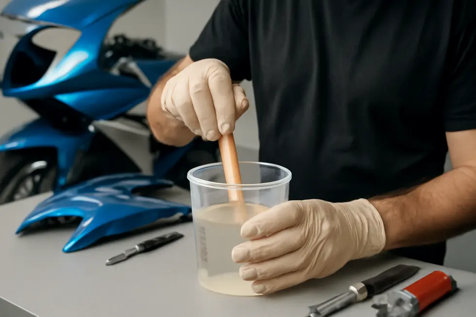 Mixing a two-part epoxy system for strong motorcycle fairing repairs in a professional garage setting.