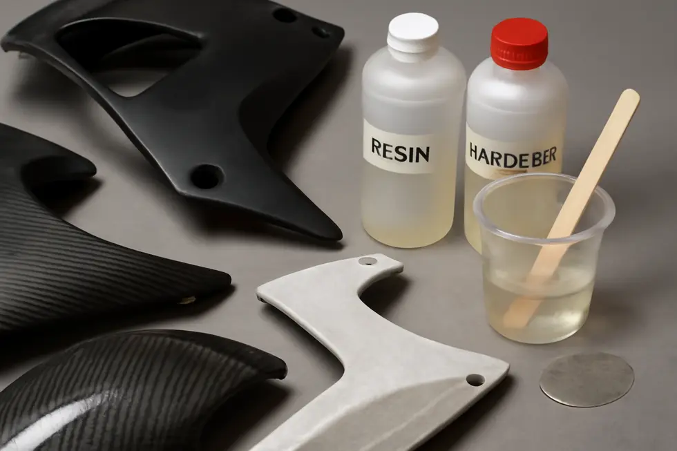 Varieties of two-part and specialized epoxy resins designed for bonding and repairing different motorcycle fairing materials.