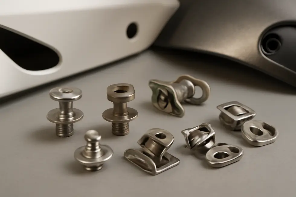 A range of Dzus fasteners featuring rivet and clip types in stainless steel and titanium, designed specifically for motorcycle fairings.