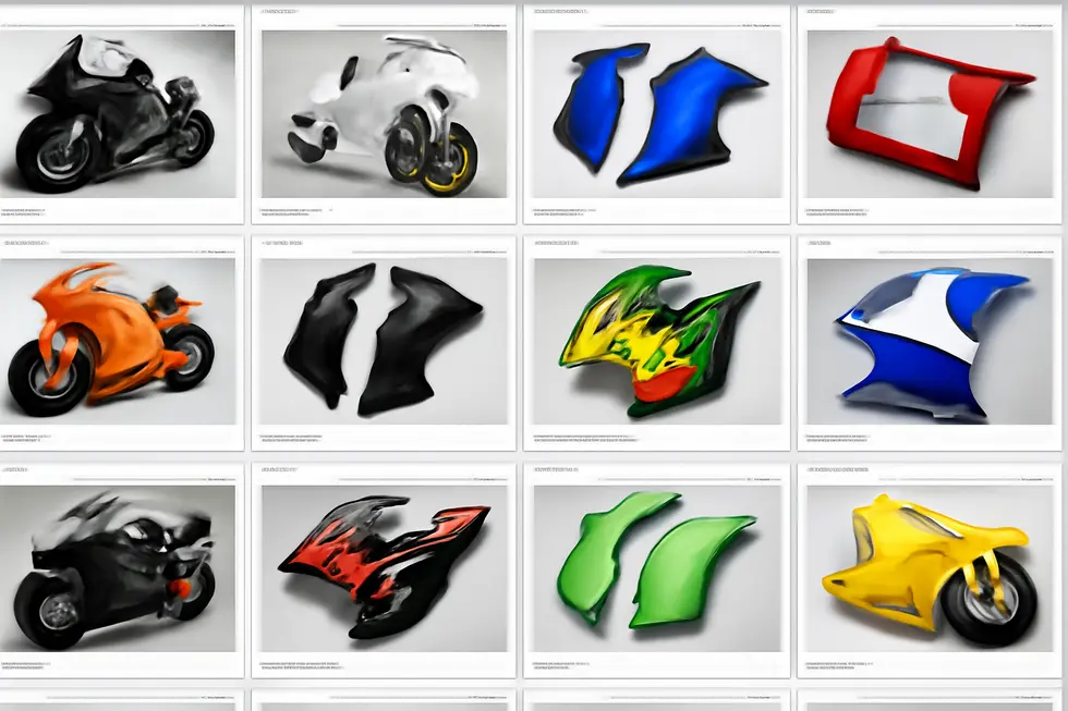 A diverse display of motorcycle fairings including full kits, individual parts, and custom-painted options available on eBay.