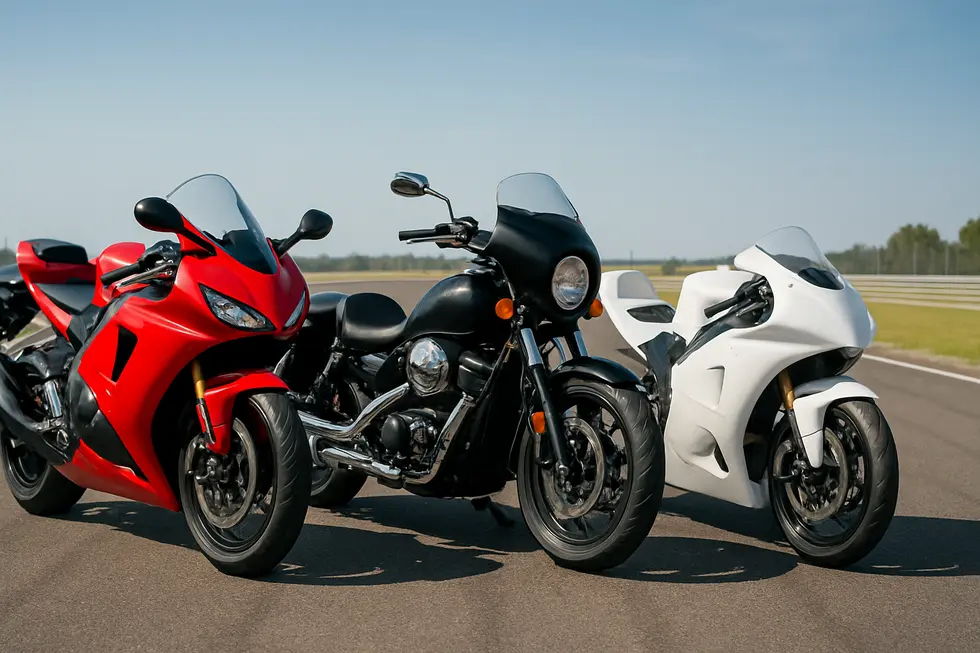 Visual comparison of full, half, and race motorcycle fairings highlighting coverage and aerodynamic functions.
