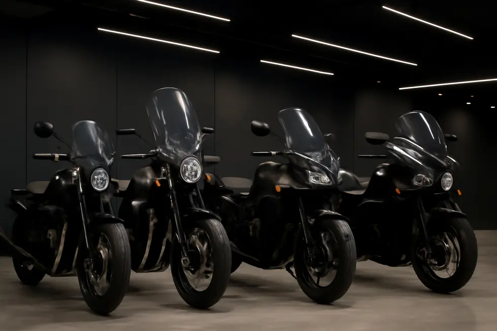 Varied windshield fairing types and styles displayed on motorcycles illustrating market diversity and rider preference.