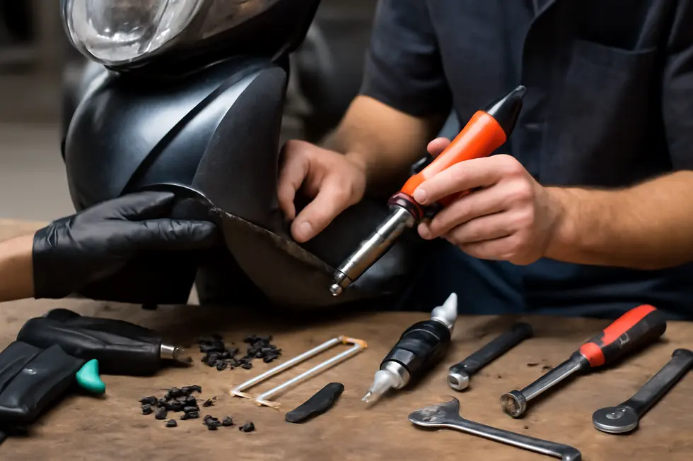 Detailed view of essential components included in a motorcycle fairing repair kit, highlighting their applications.