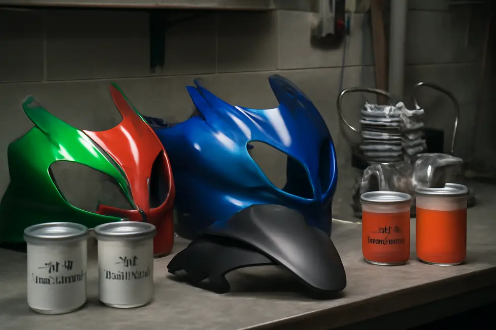 Showcase of various urethane and high-temperature paints used for motorcycle fairings in a workshop environment.