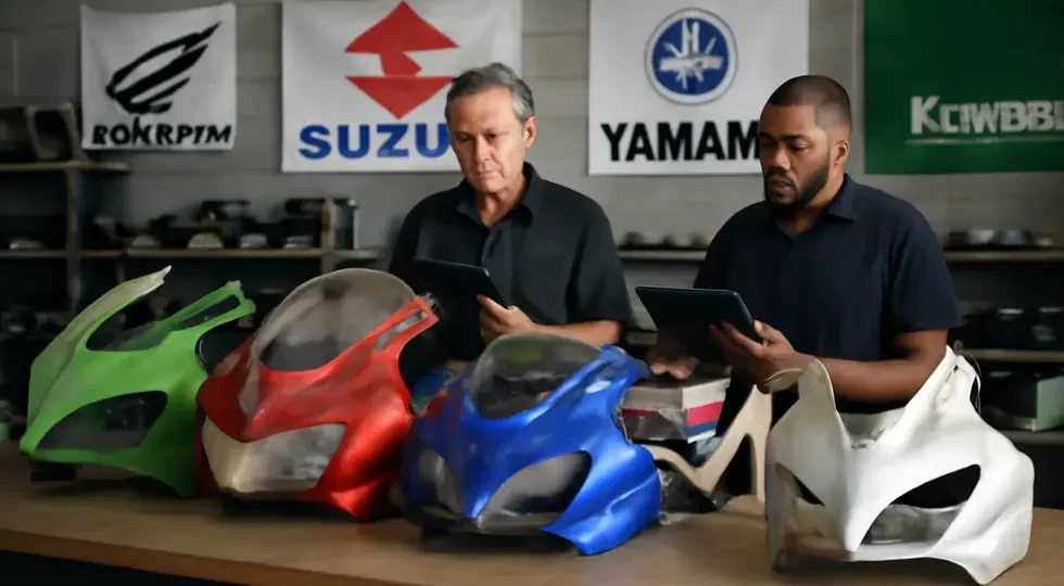 Business-focused view of used motorcycle fairings inventory and market dynamics in a modern workshop.