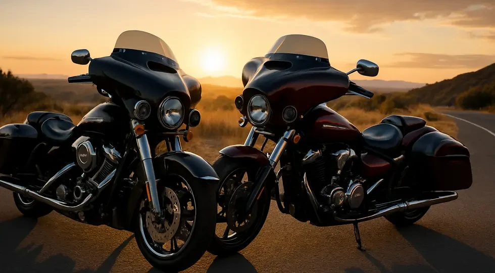 A Harley-Davidson Road King and Yamaha Raider outfitted with Vector batwing fairings showcasing premium design and integration at sunset.