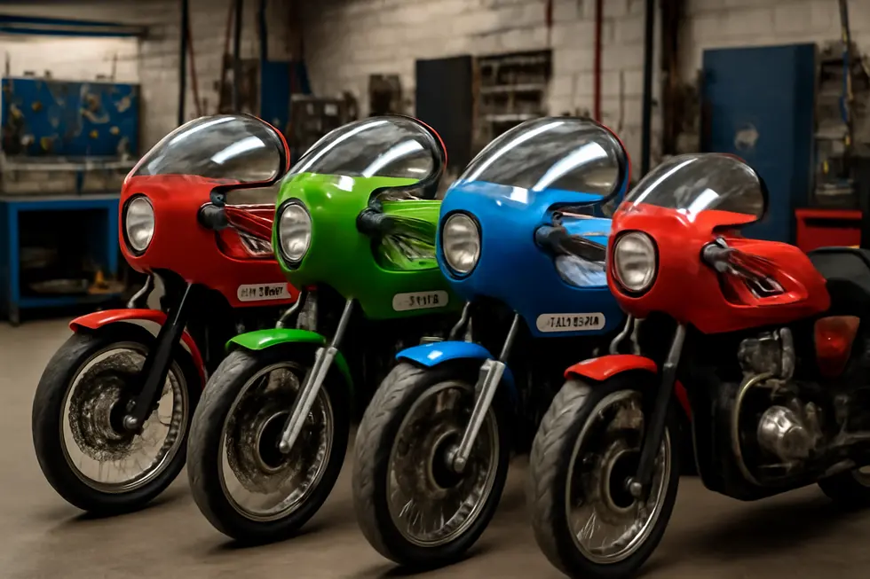 Technicians fitting authentic 1970s-style race fairings in a specialist UK workshop.