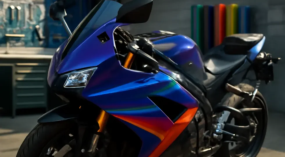A motorcycle with freshly vinyl-wrapped fairings showcasing a smooth, glossy finish in a professional workshop.