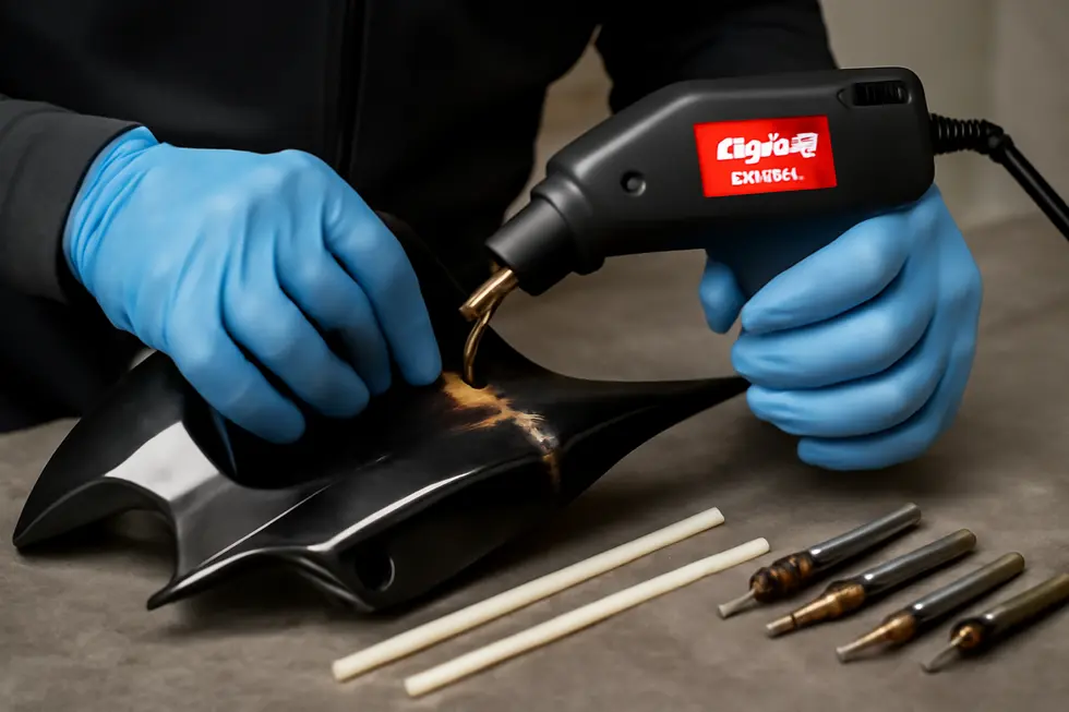 Technician meticulously cleaning and aligning damaged motorcycle fairing edges before plastic welding.