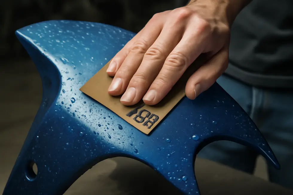 Thorough cleaning of motorcycle fairings prior to sanding removes contaminants for better adhesion.