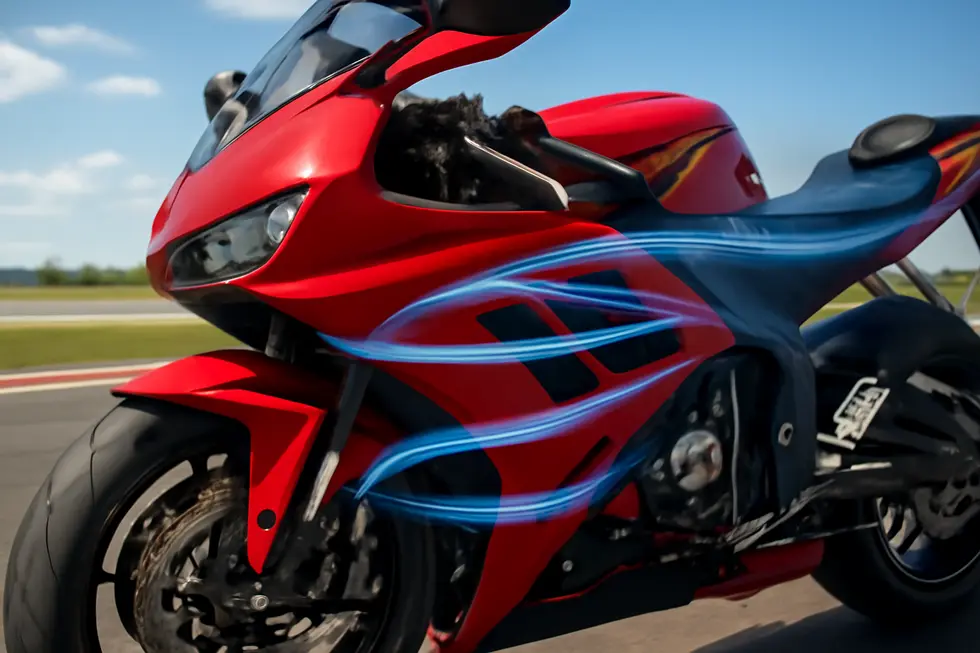 Detailed sportbike with wide open fairings demonstrates designed airflow pathways enhancing engine cooling and aerodynamic efficiency.