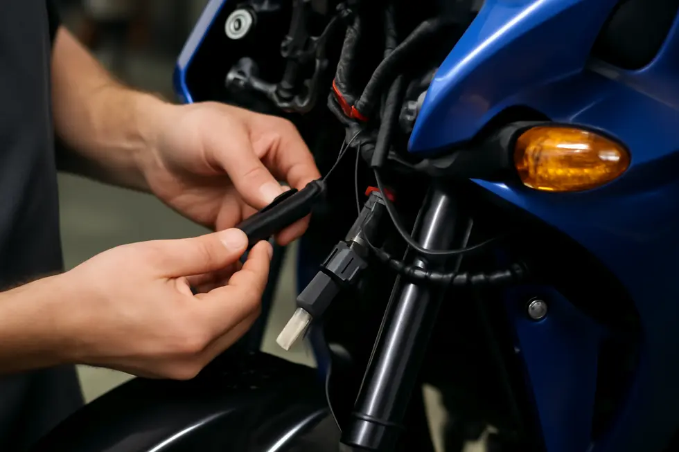 Technician carefully removing existing motorcycle fairings and components while ensuring parts remain undamaged.