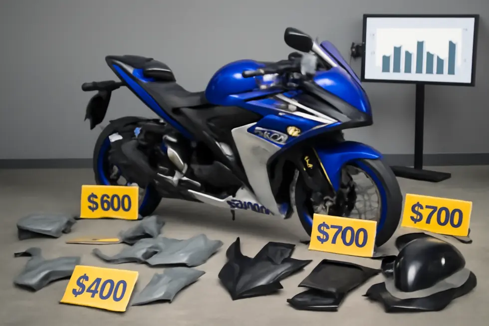 Different materials and types of motorcycle fairings with price indicators highlight cost impact.