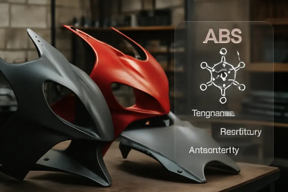 Technician applying plastic welding with hot staples to an ABS motorcycle fairing crack.