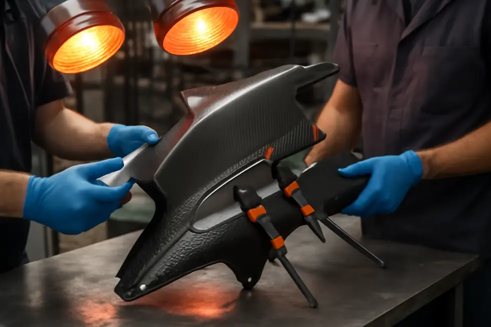 Engineers designing motorcycle fairings and creating precise molds essential for forming carbon fiber components.