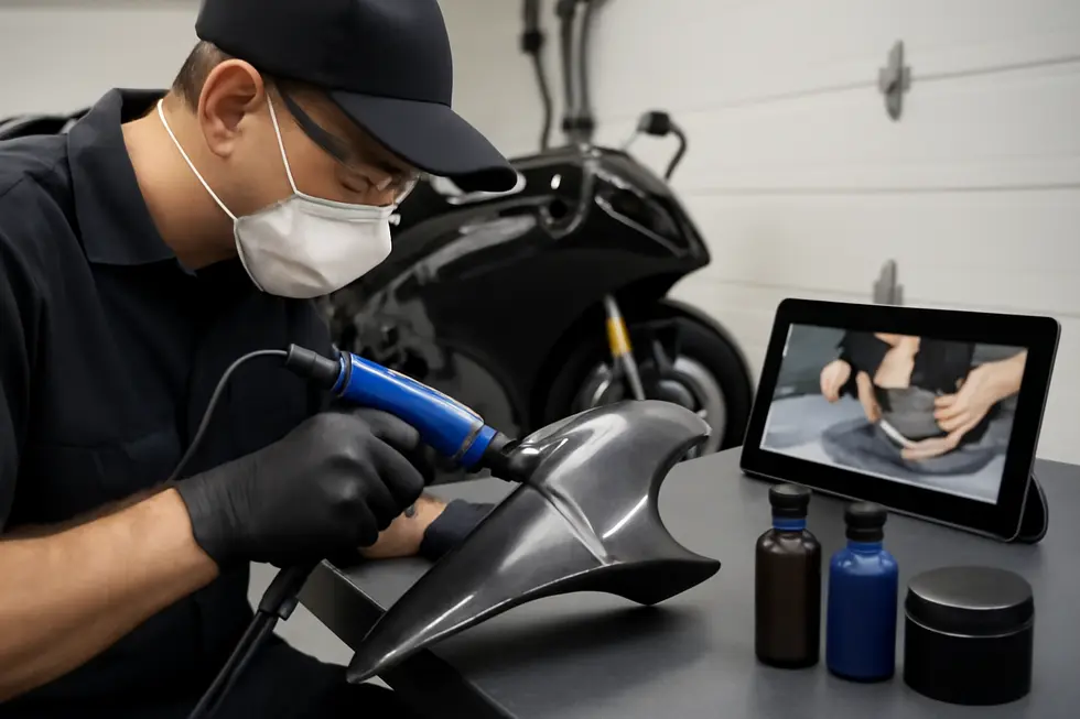 A technician carefully preparing and polishing a motorcycle fairing to restore its surface from scratches using specialized compounds and sanding tools.