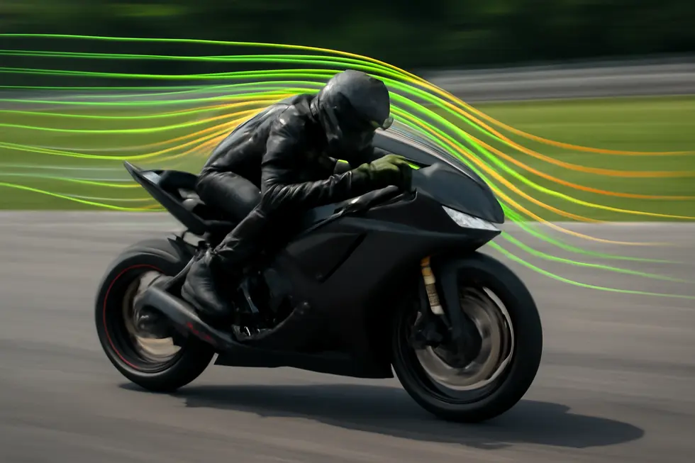 Technician reviewing motorcycle fairings of various materials alongside digital OEM design specifications.