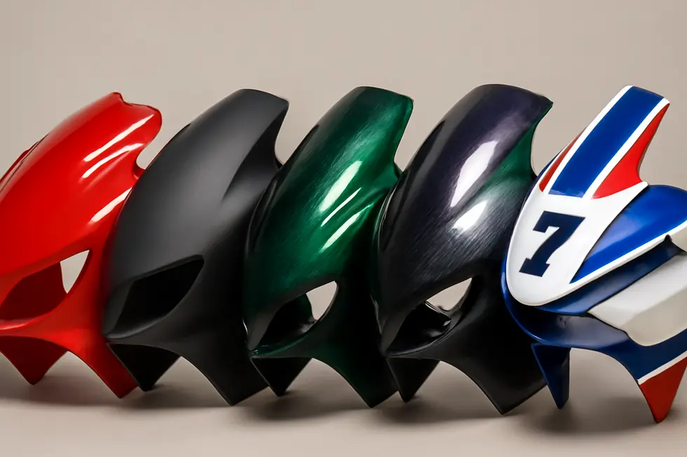 Multi-step professional painting process applied to a motorcycle fairing showcasing primer, base coat, metallic flakes, and clear coat.
