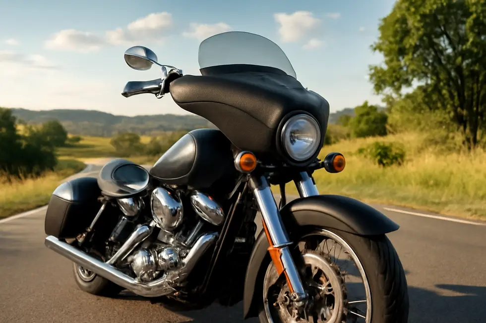 A motorcycle fairing bra made from durable vinyl protects the bike’s front fairing against scratches and debris.