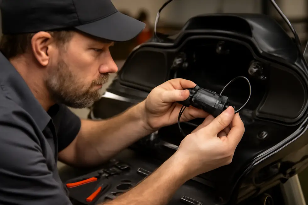 A hidden motorcycle fairing antenna integrated seamlessly inside the fairing panel for stealthy communication enhancement.