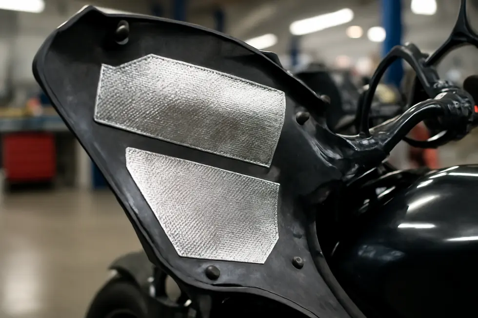 Foil-coated fiberglass cloth featuring adhesive backing applied to protect motorcycle fairings from heat.