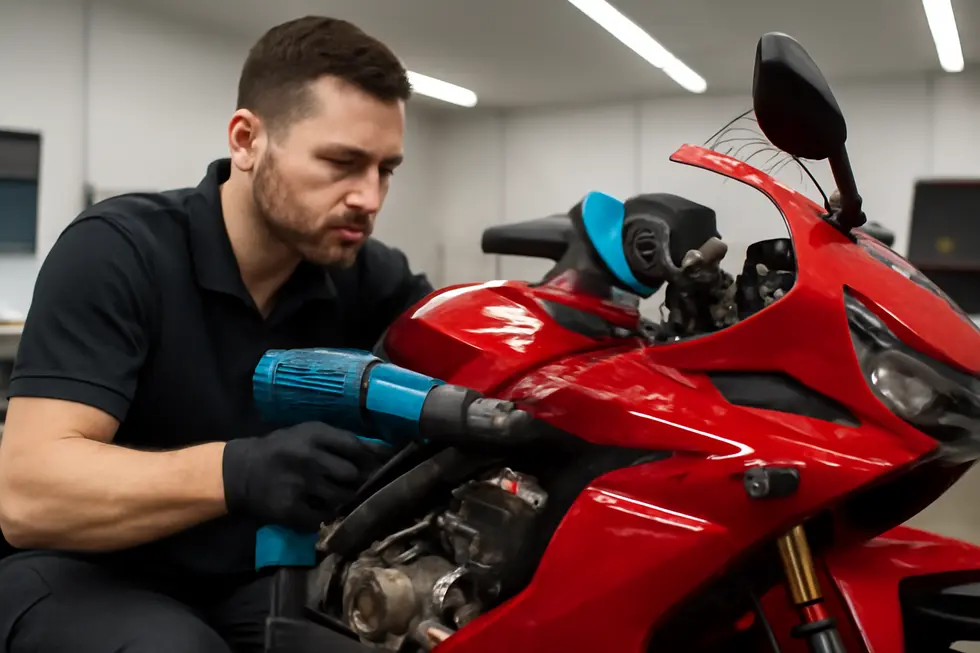 Close-up view showing how motorcycle fairing protection film safeguards paintwork from scratches and chips.