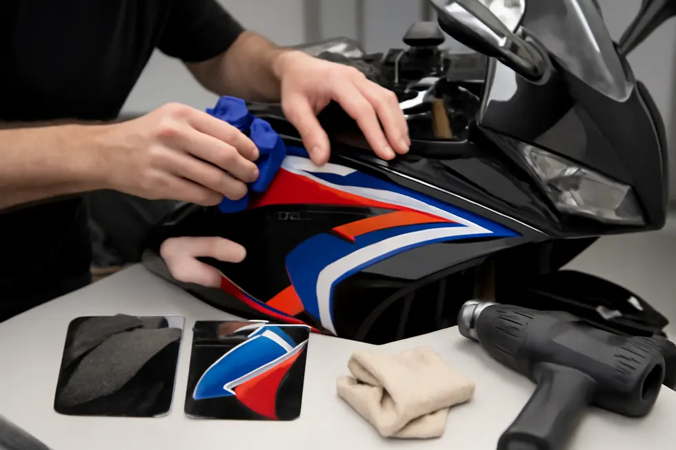 A selection of motorcycle fairing sticker kits displaying different types, materials, and sample applications.