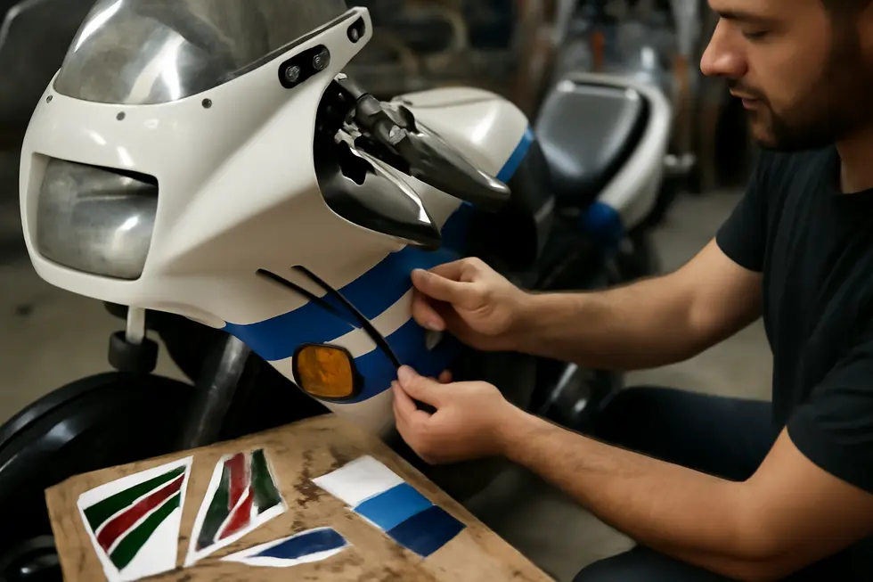 A technician performing delicate cleaning and surface preparation to remove dirt and contaminants from a motorcycle fairing.