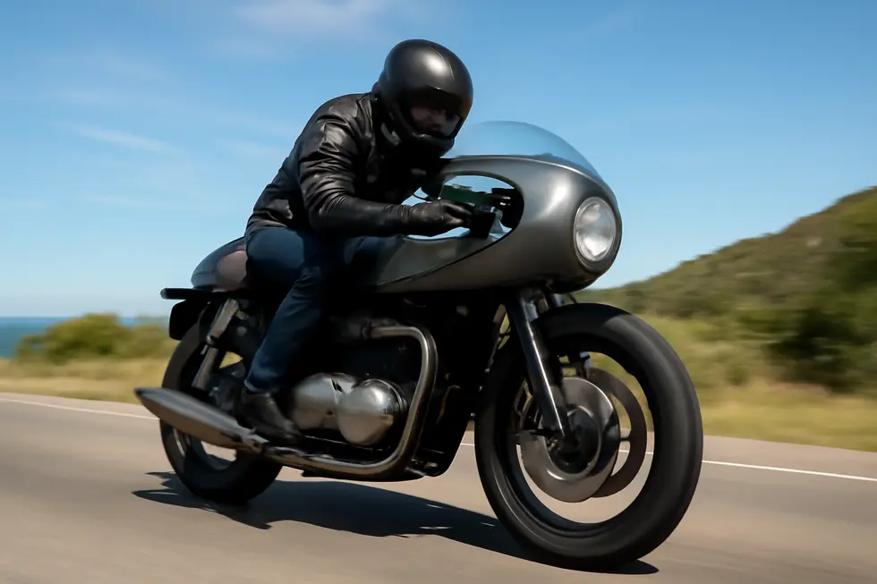 Close-up of a carbon fiber motorcycle café fairing showcasing design elegance and material quality.
