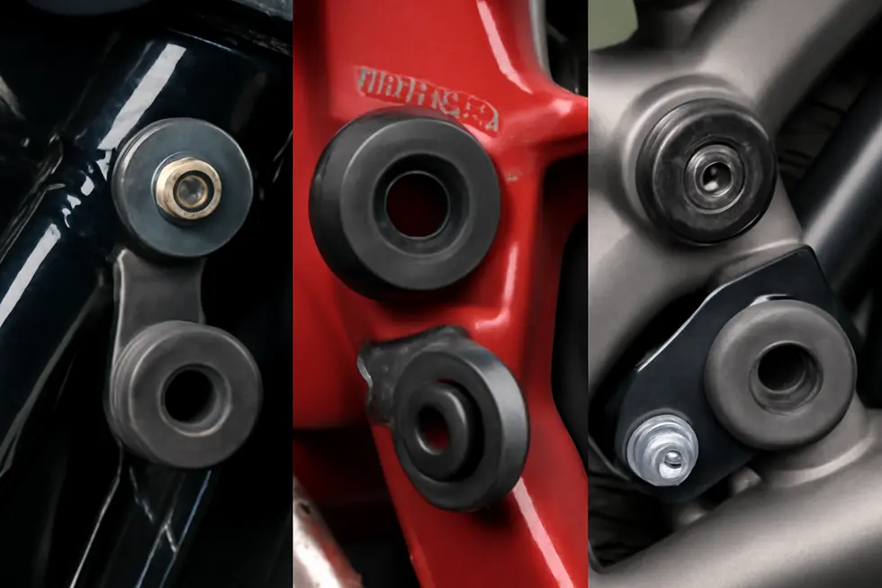 Detailed view of rubber and plastic fairing grommets alongside mounting hardware demonstrating their role in vibration absorption and panel security.