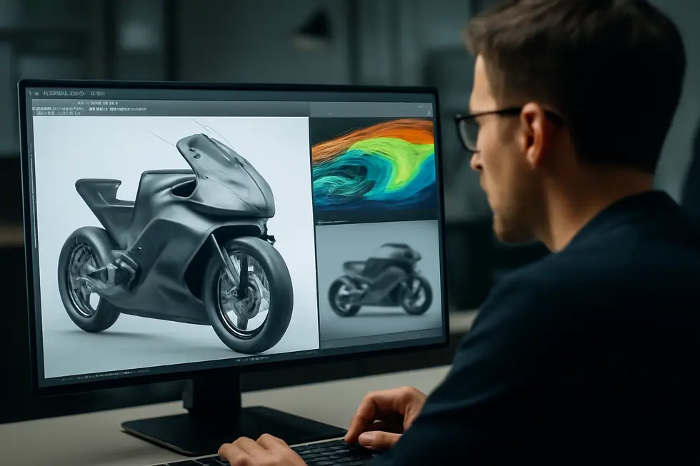 Visualization of MotoSPEC software aligning motorcycle chassis and suspension with fairing design considerations in a professional engineering setup.