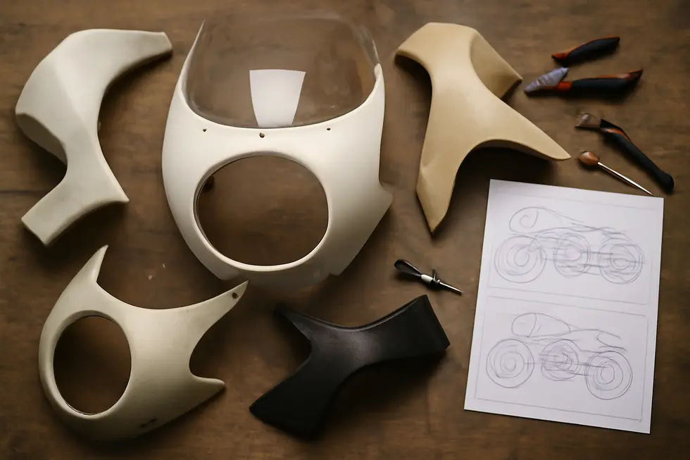 A streamlined cafe racer fairing mounted on a motorcycle headlight showcasing aerodynamic design and classic styling.