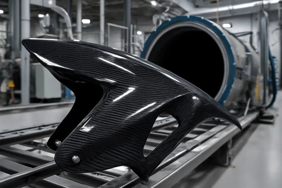 A detailed view of premium genuine carbon fiber fairing during production emphasizing material integrity and manufacturing precision.