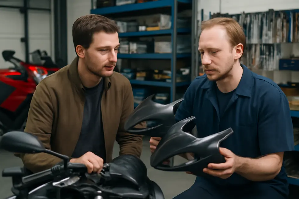 Various types of motorcycle fairing damage including cracks, scratches, and broken mounting points laid out for repair assessment.
