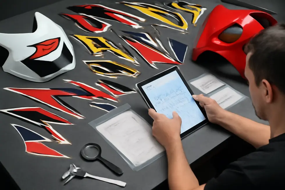 A selection of motorcycle fairing sticker kits displaying different types, materials, and sample applications.