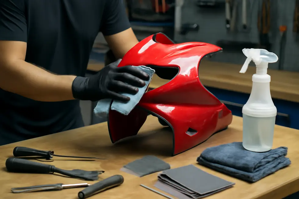 A technician performing delicate cleaning and surface preparation to remove dirt and contaminants from a motorcycle fairing.