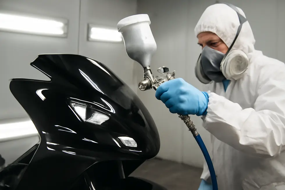 Thorough sanding and cleaning of motorcycle fairings ensure optimal paint adhesion and a flawless finish.