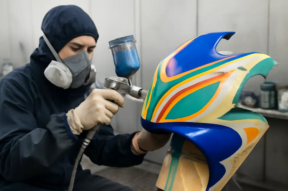 A motorcycle fairing being meticulously sanded and prepared for primer application in a professional workshop.