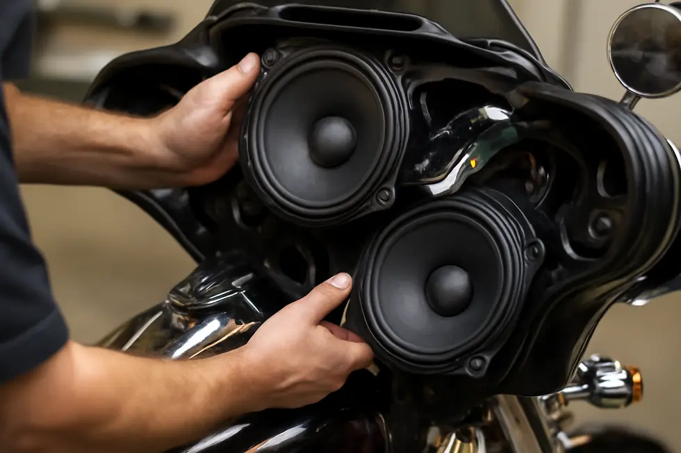 Motorcycle fairing speakers featuring vented magnets and robust design deliver high wattage and clear sound at highway speeds.