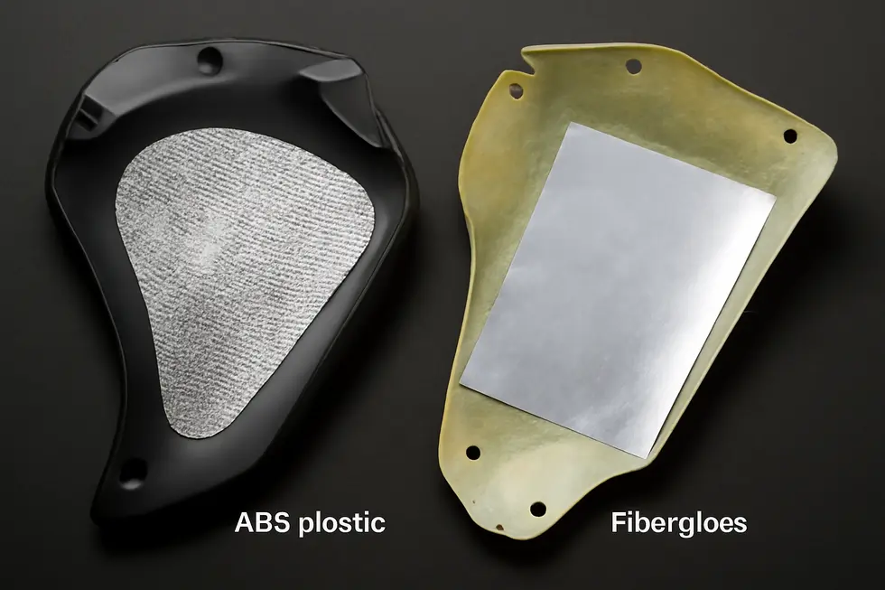 Foil-coated fiberglass cloth featuring adhesive backing applied to protect motorcycle fairings from heat.
