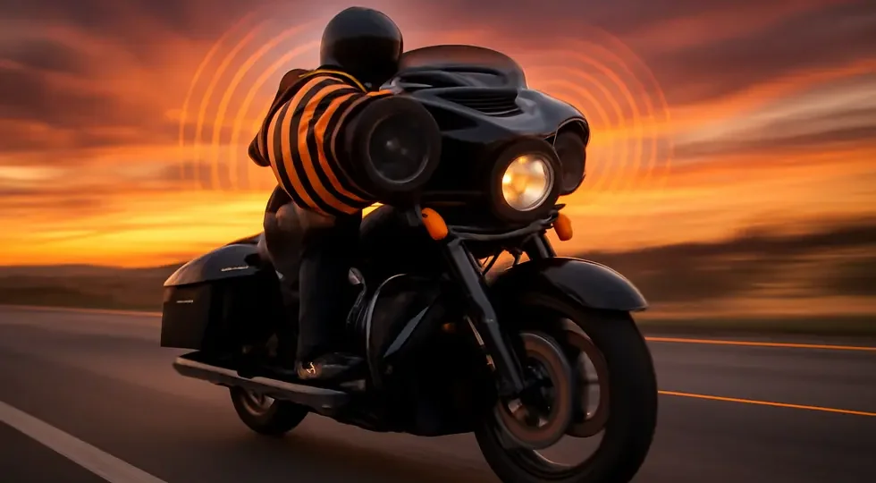 Harley-Davidson Touring motorcycle equipped with the loudest fairing speakers, illustrating powerful sound projection at highway speeds.