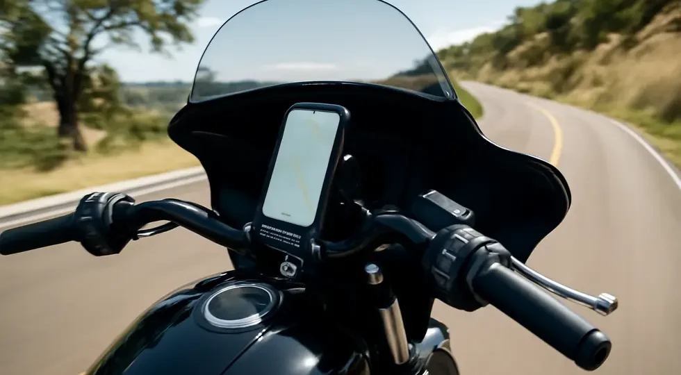 Motorcycle on a scenic road featuring a modern fairing phone mount securing a smartphone, highlighting technology integration.