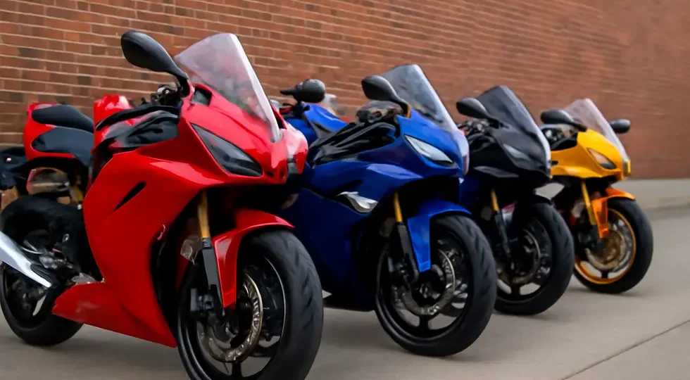 A diverse array of Yamaha motorcycles with custom fairings, representing style and performance.